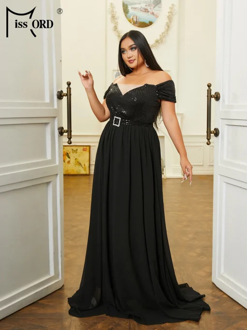 Elegant Black Sequin Plus Size Dress - Off-Shoulder V-Neck Party Gown - Image 4