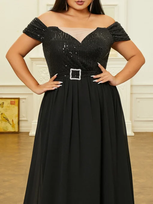 Elegant Black Sequin Plus Size Dress - Off-Shoulder V-Neck Party Gown