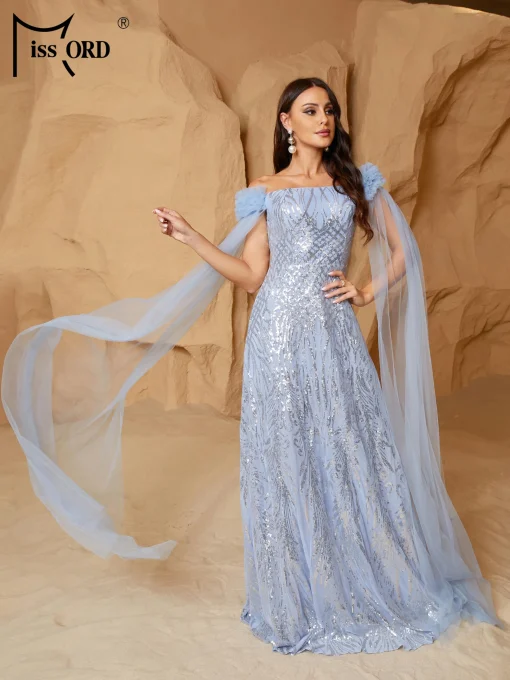 Elegant Blue Off-Shoulder Maxi Dress - Sequin Formal Gown - Image 3