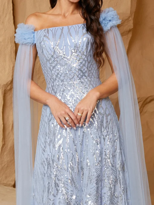 Elegant Blue Off-Shoulder Maxi Dress - Sequin Formal Gown