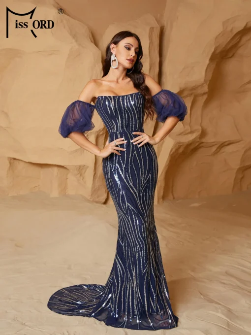 Missord Elegant Blue Stripe Sequin Evening Dress - Off-Shoulder Lantern Sleeve - Image 2