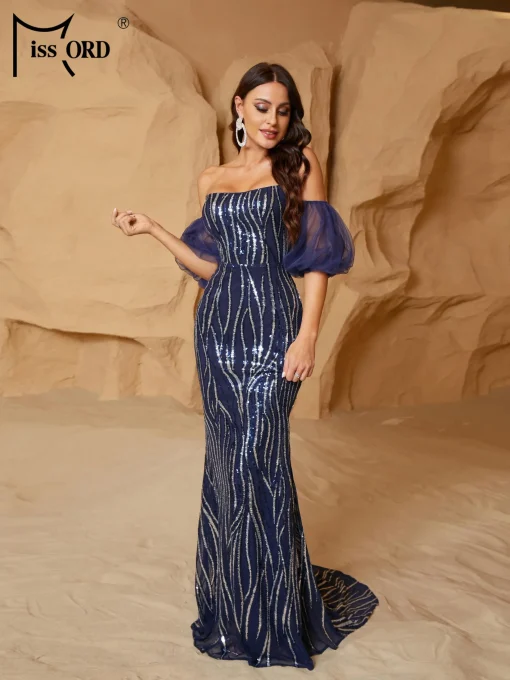 Missord Elegant Blue Stripe Sequin Evening Dress - Off-Shoulder Lantern Sleeve - Image 3