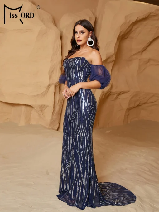 Missord Elegant Blue Stripe Sequin Evening Dress - Off-Shoulder Lantern Sleeve - Image 4