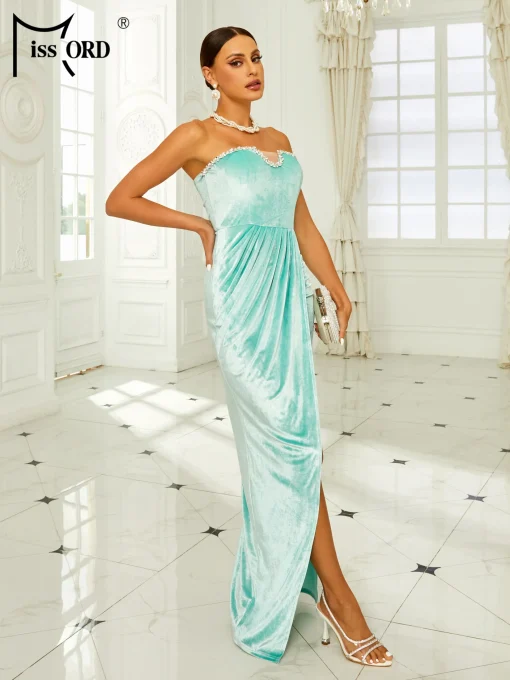 Elegant Fruit Green Velvet Party Dress - Strapless Front Split - Image 2