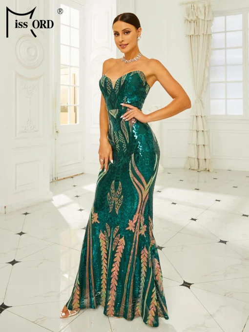 Elegant Green Print Sequin Prom Dress - Strapless Bodycon Mermaid - Image 2