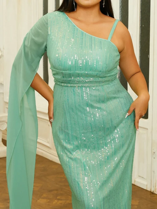 Missord Green Sequin Plus Size Party Dress - Elegant One Shoulder