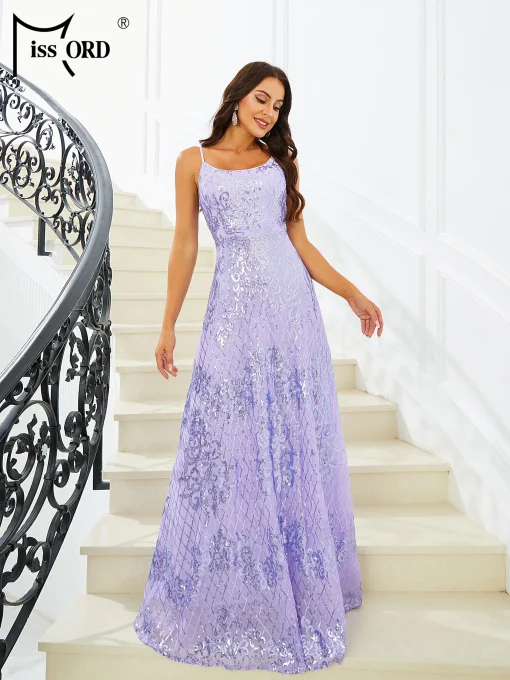 Missord Elegant Purple Sequin Prom Dress - Spaghetti Strap A-line - Image 2