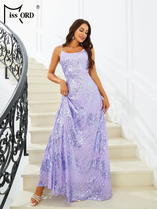 Missord Elegant Purple Sequin Prom Dress - Spaghetti Strap A-line - Image 3