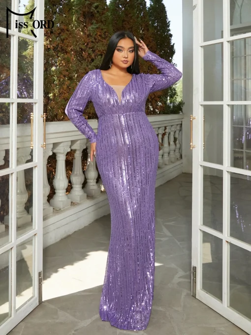 Missord Elegant Purple Sequin Plus Size Maxi Dress - V-Neck - Image 2