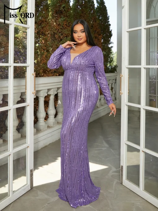 Missord Elegant Purple Sequin Plus Size Maxi Dress - V-Neck - Image 4