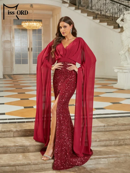 Missord Wine Mermaid Evening Dress - Elegant V-Neck Sequin - Image 3