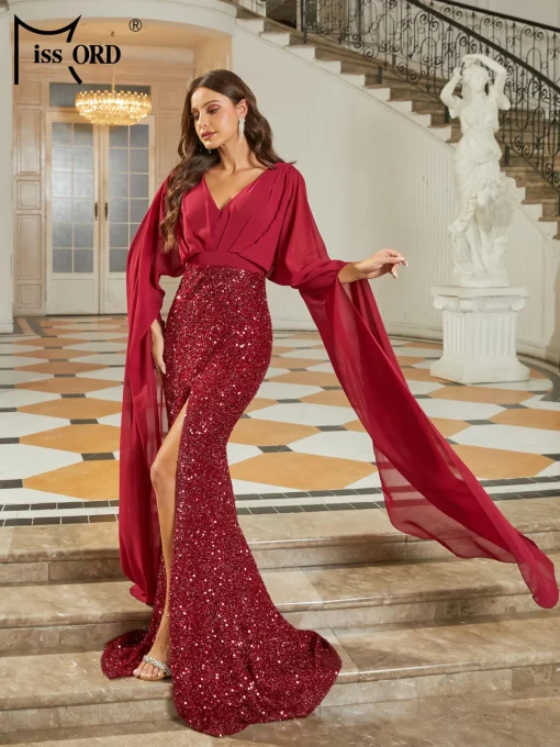 Missord Wine Mermaid Evening Dress - Elegant V-Neck Sequin - Image 4