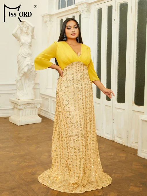 Elegant Yellow Chiffon Plus Size Evening Dress - V-Neck Sequin Maxi - Image 2