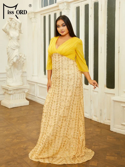 Elegant Yellow Chiffon Plus Size Evening Dress - V-Neck Sequin Maxi - Image 3