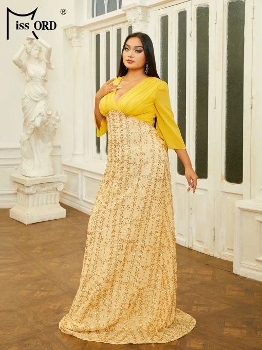 Elegant Yellow Chiffon Plus Size Evening Dress - V-Neck Sequin Maxi - Image 4