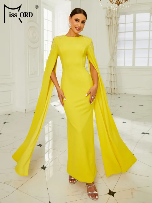 Elegant Yellow Muslim Prom Dress - O-Neck Split Diamonds Bodycon - Image 2