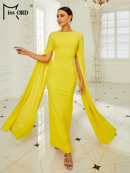 Elegant Yellow Muslim Prom Dress - O-Neck Split Diamonds Bodycon - Image 3