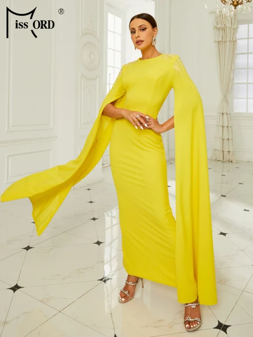 Elegant Yellow Muslim Prom Dress - O-Neck Split Diamonds Bodycon - Image 4