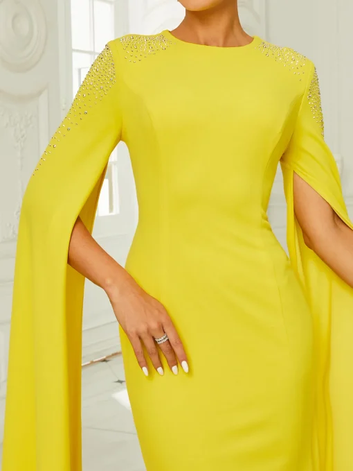 Elegant Yellow Muslim Prom Dress - O-Neck Split Diamonds Bodycon