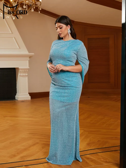 Glitter Blue Plus Size Wedding Party Dress - Elegant O-Neck - Image 4