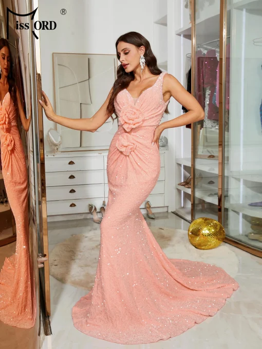 Missord Pink Glitter Mermaid Evening Dress - Elegant V-Neck Bodycon - Image 3