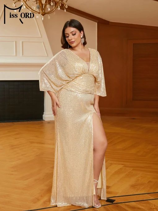 Gold Sequin Plus Size Party Dress - Elegant V Neck - Image 2