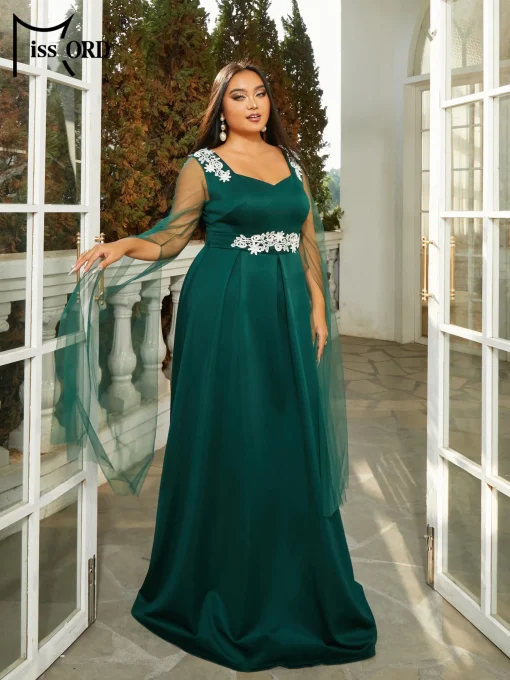 Missord Green Lace Plus Size Prom Dress - Mesh Sleeves - Image 2