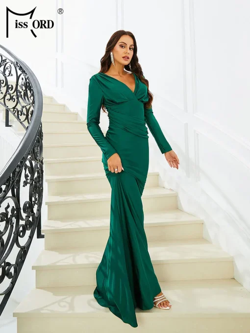 Green Mermaid Evening Dress - Elegant V Neck, Long Sleeve - Image 3