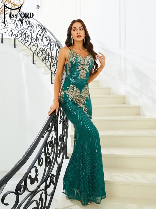 Missord Green Print Sequin Mermaid Party Dress - Elegant V-Neck - Image 3