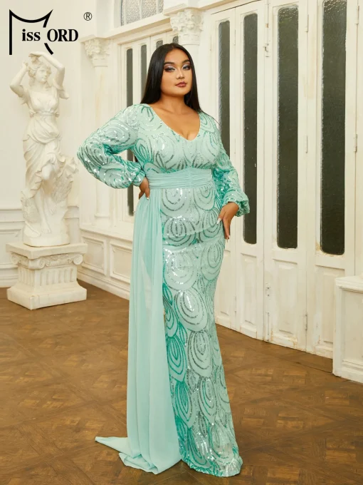 Missord Green Sequin Plus Size Wedding Party Dress - Elegant V-Neck - Image 3