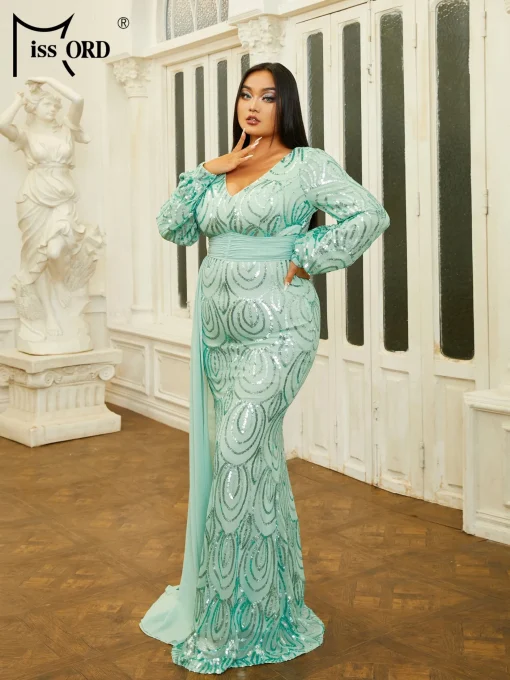 Missord Green Sequin Plus Size Wedding Party Dress - Elegant V-Neck - Image 4