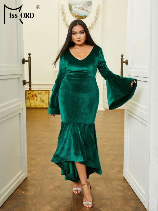 Green Velvet Plus Size Party Dress - Elegant V-Neck Midi - Image 2