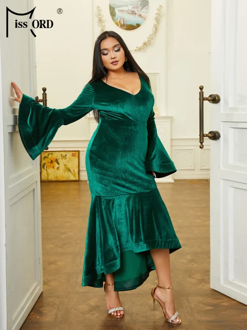 Green Velvet Plus Size Party Dress - Elegant V-Neck Midi - Image 3