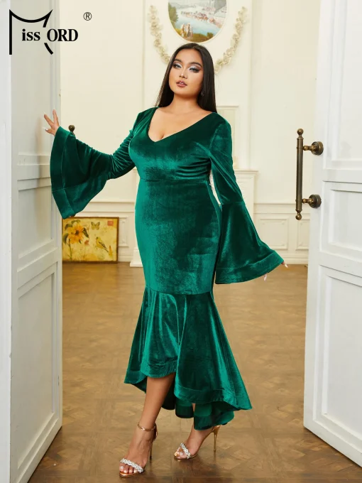 Green Velvet Plus Size Party Dress - Elegant V-Neck Midi - Image 4