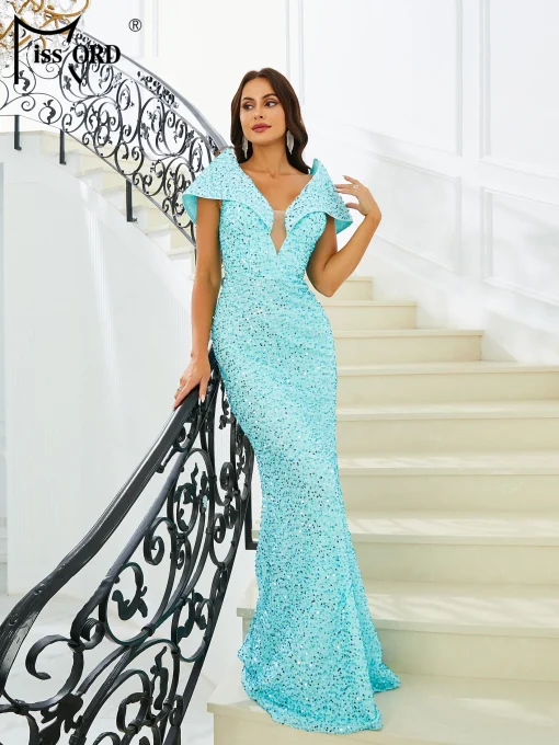 Light Blue Sequin Evening Dress - Elegant V Neck, Raglan Sleeve - Image 3