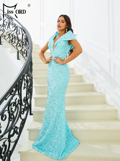 Light Blue Sequin Evening Dress - Elegant V Neck, Raglan Sleeve - Image 4