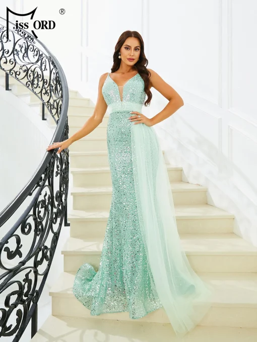 Missord Light Green Sequin Evening Dress - Elegant V-Neck Gown - Image 2