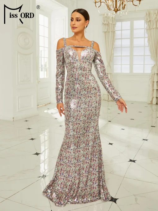 Multicolor Sequin Mermaid Evening Dress - Off-Shoulder Bodycon Maxi - Image 2