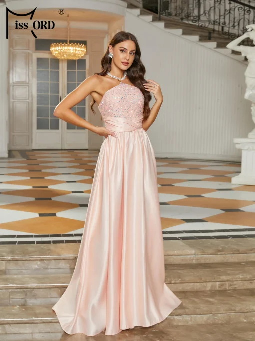 Missord Pink Satin Wedding Party Dress - Elegant Strapless Sequin A-line - Image 2