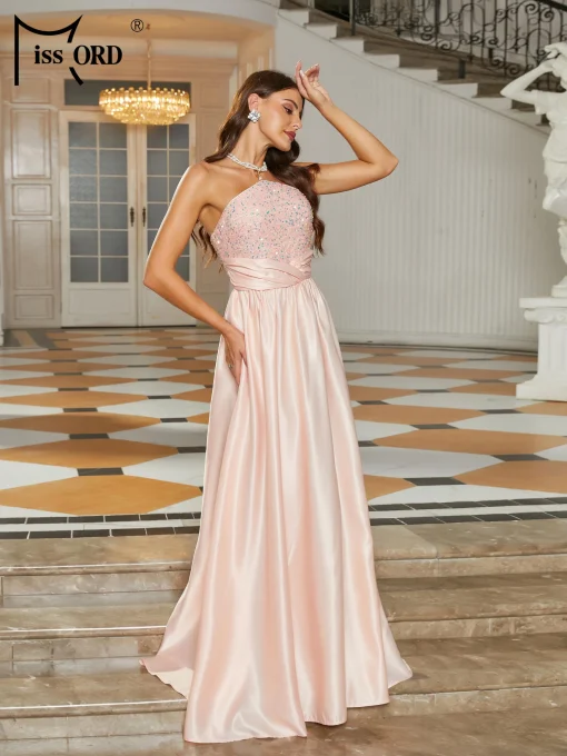 Missord Pink Satin Wedding Party Dress - Elegant Strapless Sequin A-line - Image 3