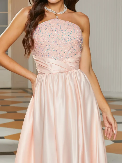 Missord Pink Satin Wedding Party Dress - Elegant Strapless Sequin A-line