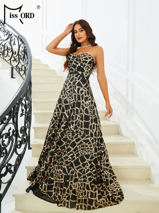 Missord Strapless Black Prom Dress - Elegant Gold Sequin Maxi - Image 3