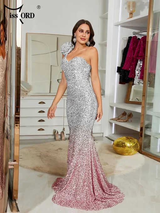 Missord White Gradient Sequin Mermaid Evening Dress - Elegant One-Shoulder - Image 5