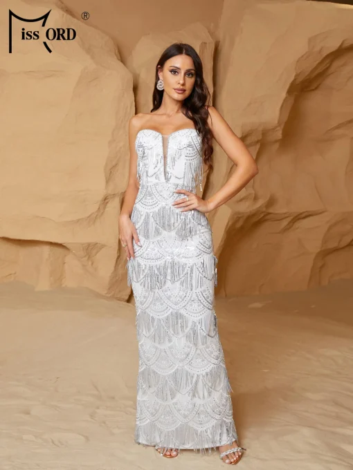 Missord White Sequin Tassels Wedding Party Dress - Elegant Floor-Length - Image 2