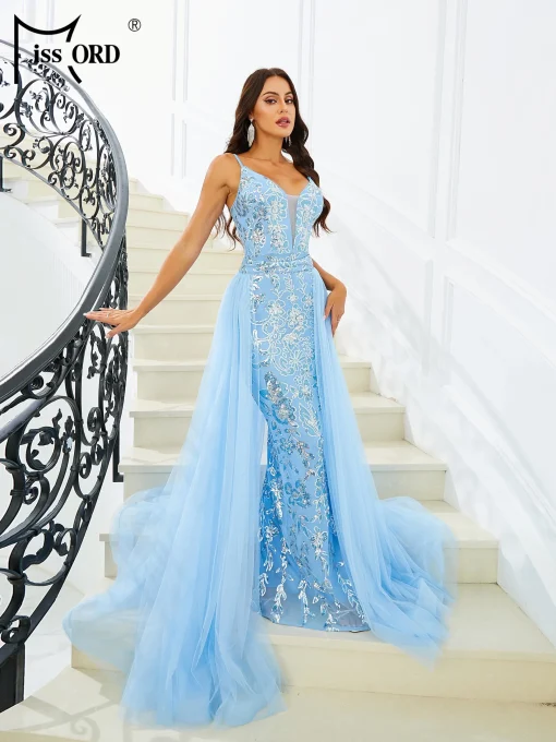 Missord Blue Long Prom Dress - Elegant Sequin Bodycon Gown - Image 3