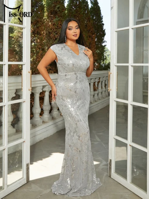 Missord Grey Sequin Plus Size Prom Dress - Elegant Mermaid - Image 2