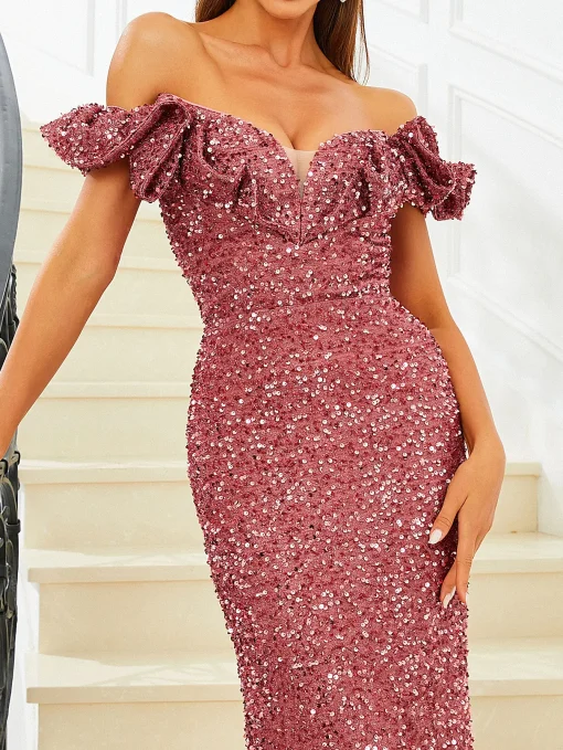 Missord Elegant Purple Sequin Mermaid Evening Dress - Off-Shoulder Bodycon