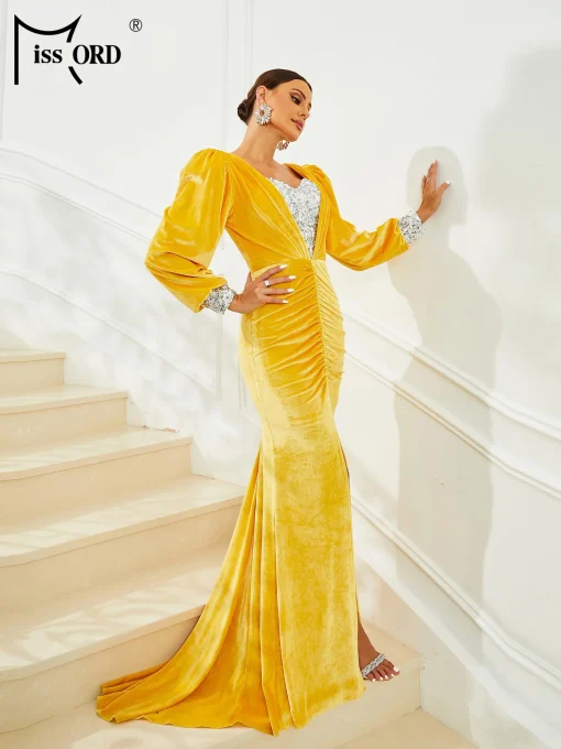 Elegant Yellow Velvet Evening Dress - Lantern Sleeve Sequin Split - Image 2