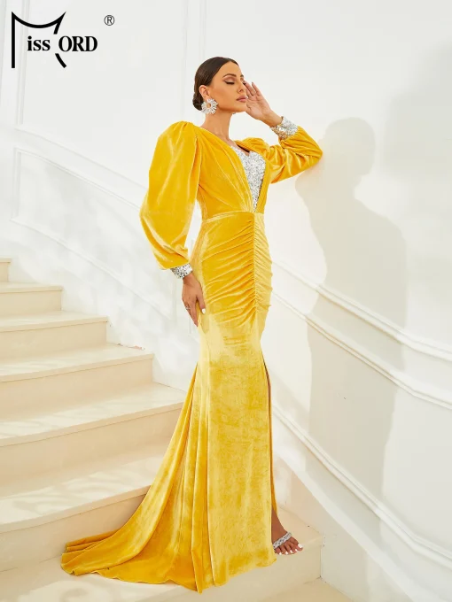 Elegant Yellow Velvet Evening Dress - Lantern Sleeve Sequin Split - Image 3