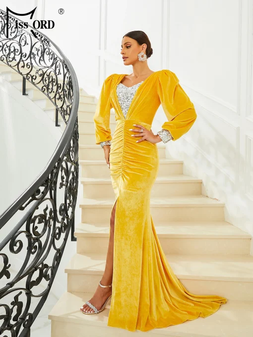 Elegant Yellow Velvet Evening Dress - Lantern Sleeve Sequin Split - Image 4